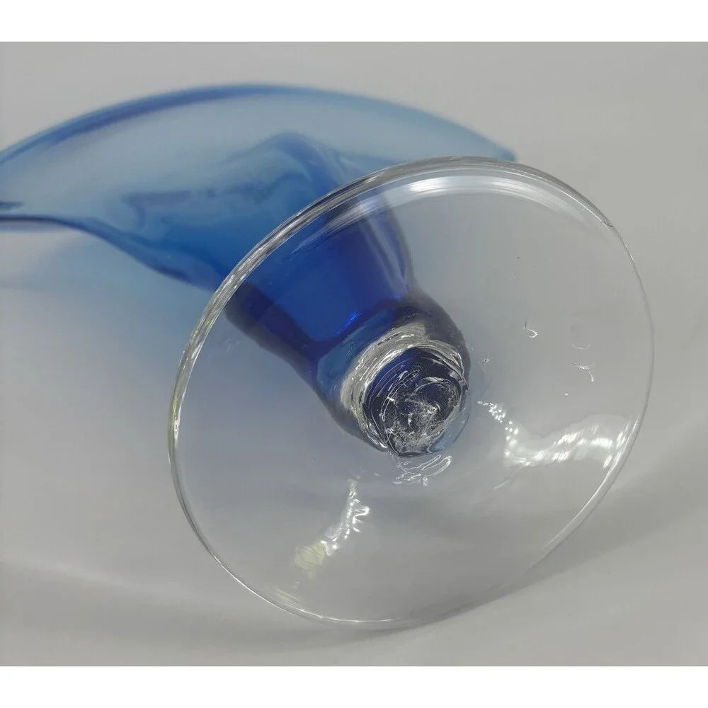 Vintage Blenko Blue & Clear Base Art Fan Glass Vase Hand Blown #872